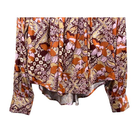 Free People Top Womens XS Satin Warm Tone Floral Print U-Neck Collared Blouse - Picture 7 of 13